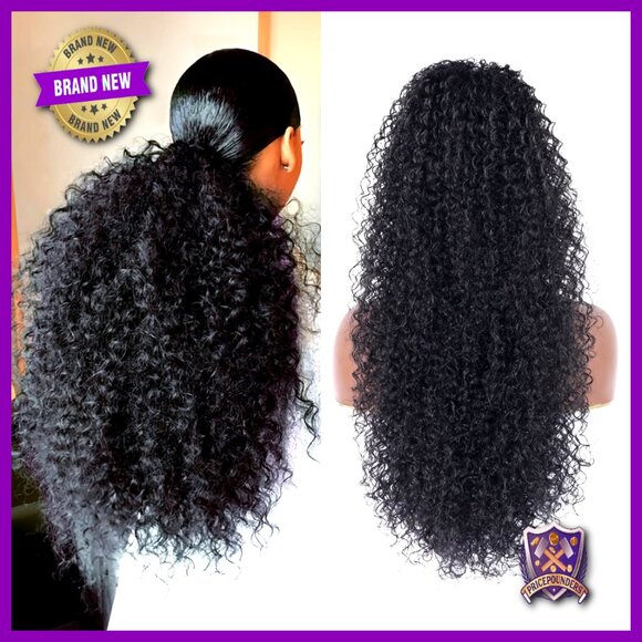 27 Inch Drawstring Ponytail Extension Deep Curly Synthetic Mixed Human Hair main image 4